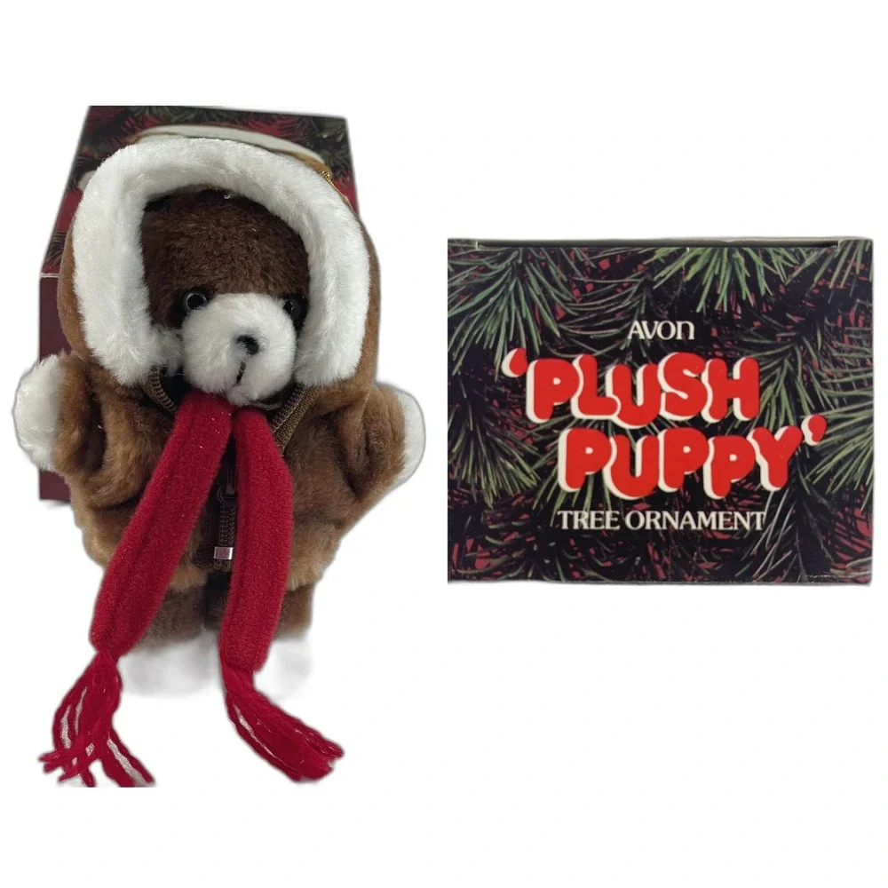 Avon Plush Puppy‎ Tree Ornament Vintage 1984 Brown Bear Red Scarf Hooded Coat